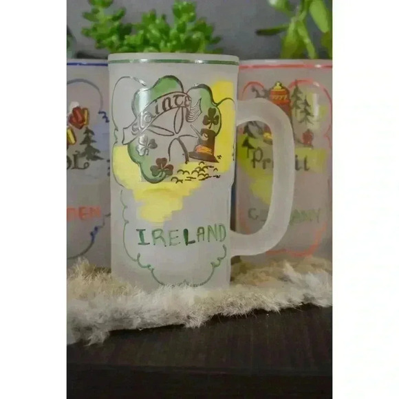 4 Frosted Beer Mugs Prosit Skol Ireland glass stein vintage barware European - Picture 5 of 9